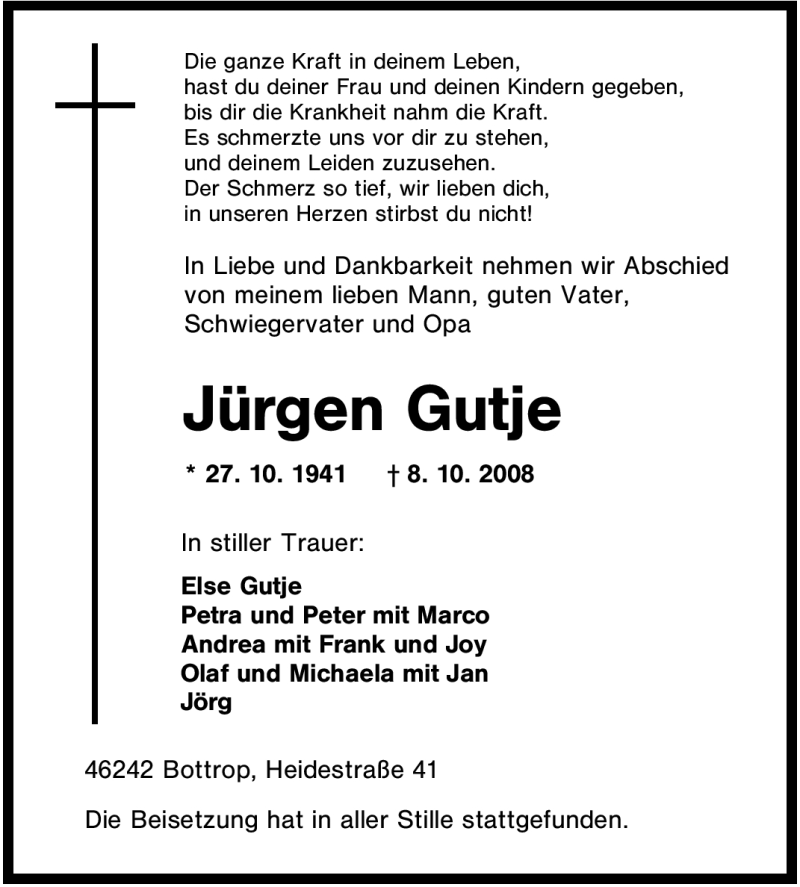  Traueranzeige für Jürgen Gutje vom 15.10.2008 aus Tageszeitung