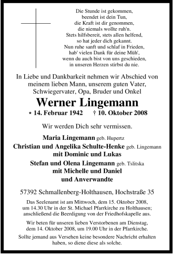 Traueranzeige von Werner Lingemann von Tageszeitung