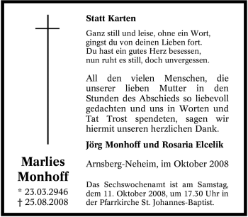 Traueranzeige von Marlies Monhoff von Tageszeitung