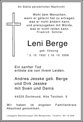 Traueranzeige von Leni Berge von Tageszeitung