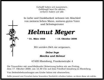Traueranzeige von Helmut Meyer von Tageszeitung