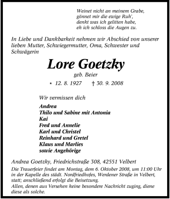 Traueranzeige von Lore Goetzky von Tageszeitung