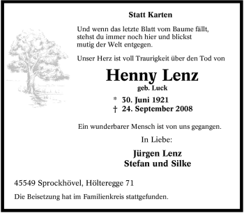 Traueranzeige von Henny Lenz von Tageszeitung