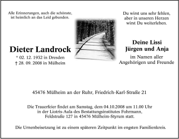 Traueranzeige von Dieter Landrock von Tageszeitung