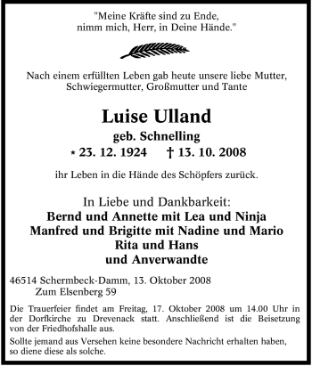 Traueranzeige von Luise Ulland von Tageszeitung