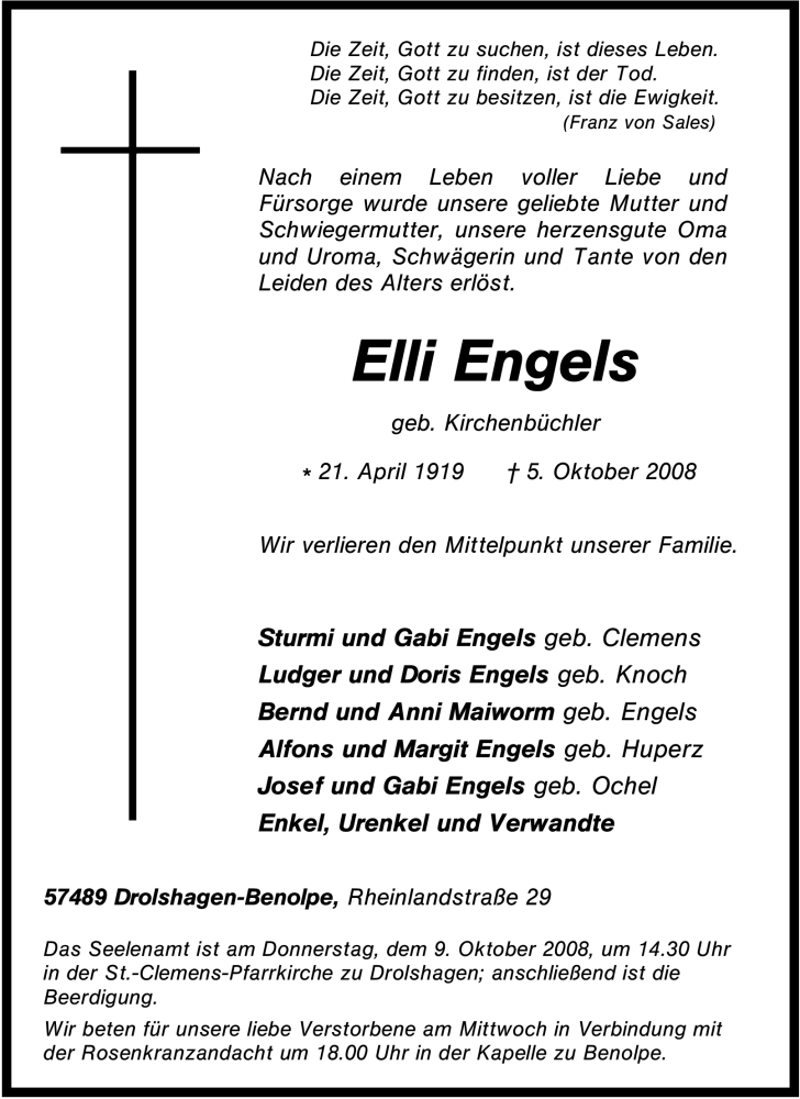  Traueranzeige für Elli Engels vom 07.10.2008 aus Tageszeitung