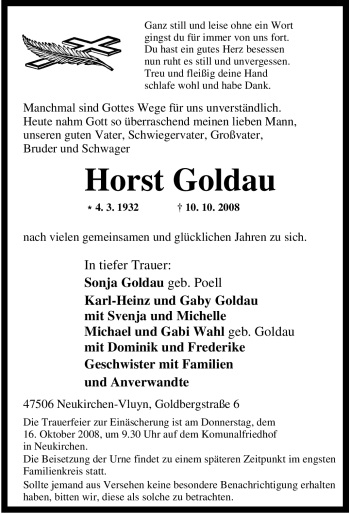Traueranzeige von Horst Goldau von Tageszeitung