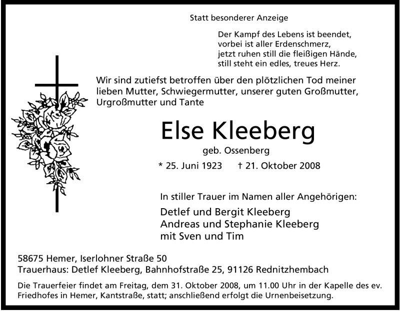 Traueranzeigen von Else Kleeberg TrauerinNRW.de