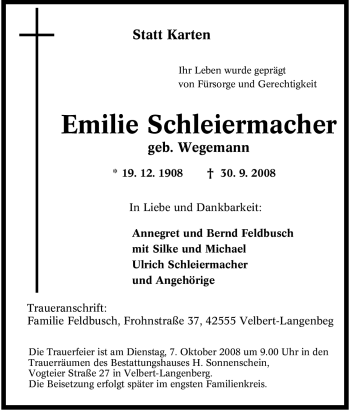 Traueranzeige von Emilie Schleiermacher von Tageszeitung