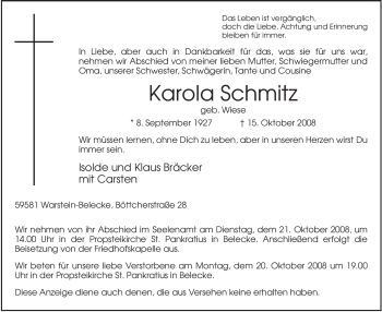 Traueranzeige von Karola Schmitz von Tageszeitung