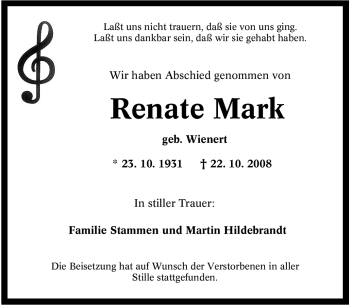 Traueranzeige von Renate Mark von Tageszeitung
