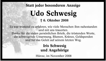 Traueranzeige von Udo Schwesig von Tageszeitung
