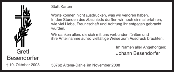 Traueranzeige von Gretl Besendorfer von Tageszeitung