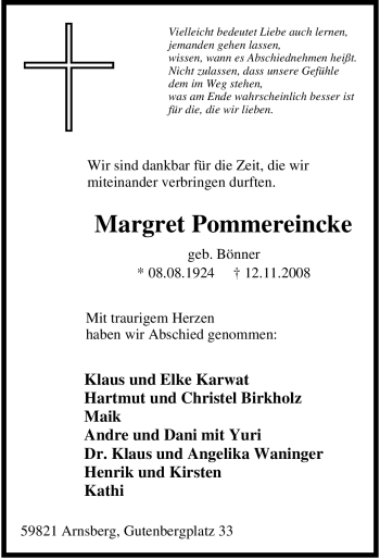Traueranzeige von Margret Pommereincke von Tageszeitung