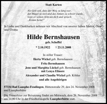 Traueranzeige von Hilde Bernshausen von Tageszeitung