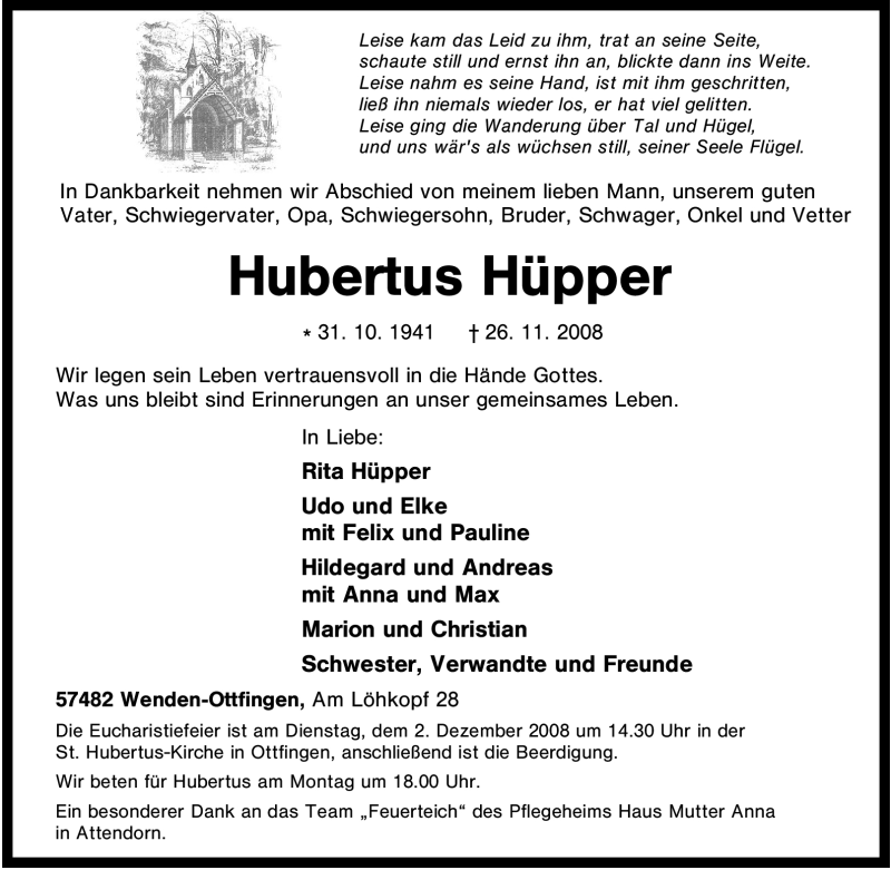  Traueranzeige für Hubertus Hüpper vom 28.11.2008 aus Tageszeitung