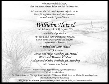 Traueranzeige von Wilhelm Hetzel von Tageszeitung
