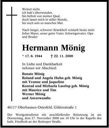 Traueranzeige von Hermann Mönig von Tageszeitung