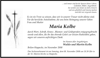 Traueranzeige von Maria Kolbe von Tageszeitung
