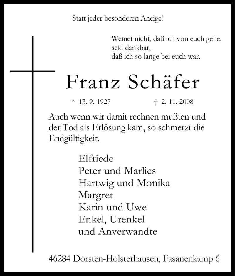 Traueranzeigen von Franz Schäfer | Trauer-in-NRW.de