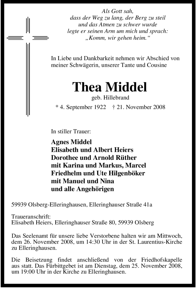  Traueranzeige für Thea Middel vom 24.11.2008 aus Tageszeitung