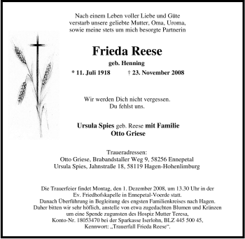 Traueranzeige von Frieda Reese von Tageszeitung
