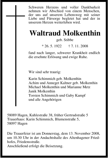 Traueranzeige von Waltraud Molkenthin von Tageszeitung