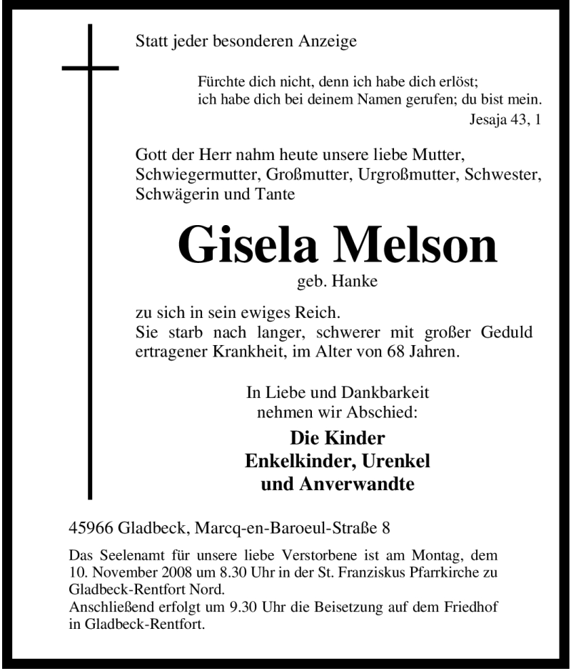  Traueranzeige für Gisela Melson vom 08.11.2008 aus Tageszeitung