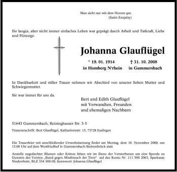 Traueranzeige von Johanna Glauflügel von Tageszeitung