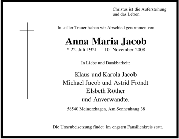 Traueranzeige von Anna Maria Jacob von Tageszeitung