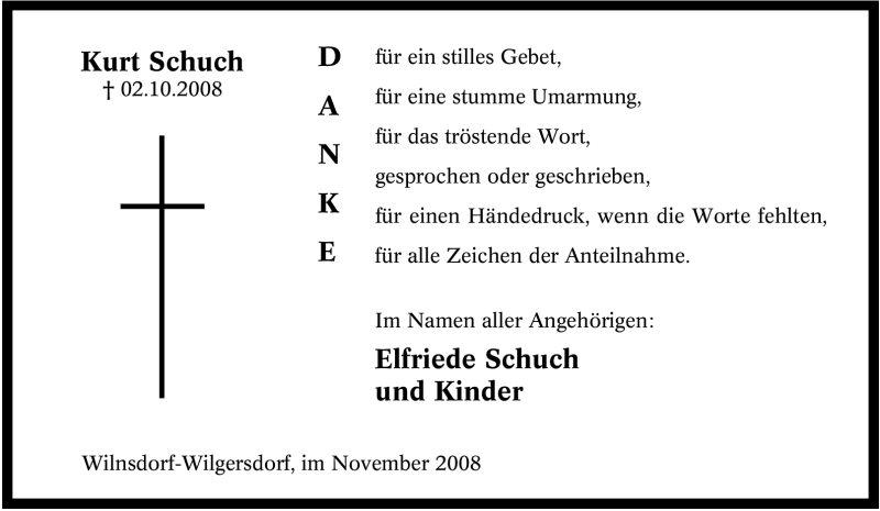 Traueranzeige für Kurt Schuch vom 08.11.2008 aus Tageszeitung