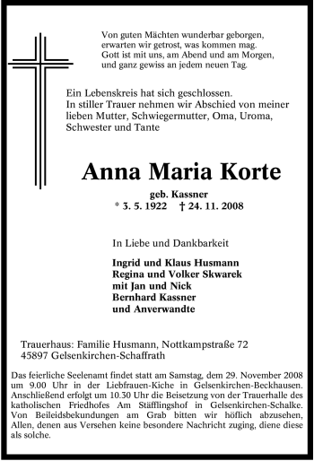 Traueranzeige von Anna Maria Korte von Tageszeitung