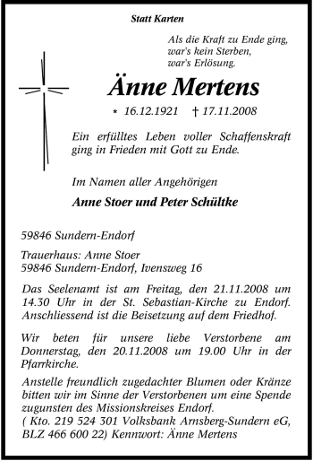 Traueranzeige von Änne Mertens von Tageszeitung