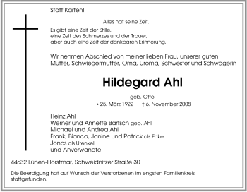 Traueranzeige von Hildegard Ahl von Tageszeitung