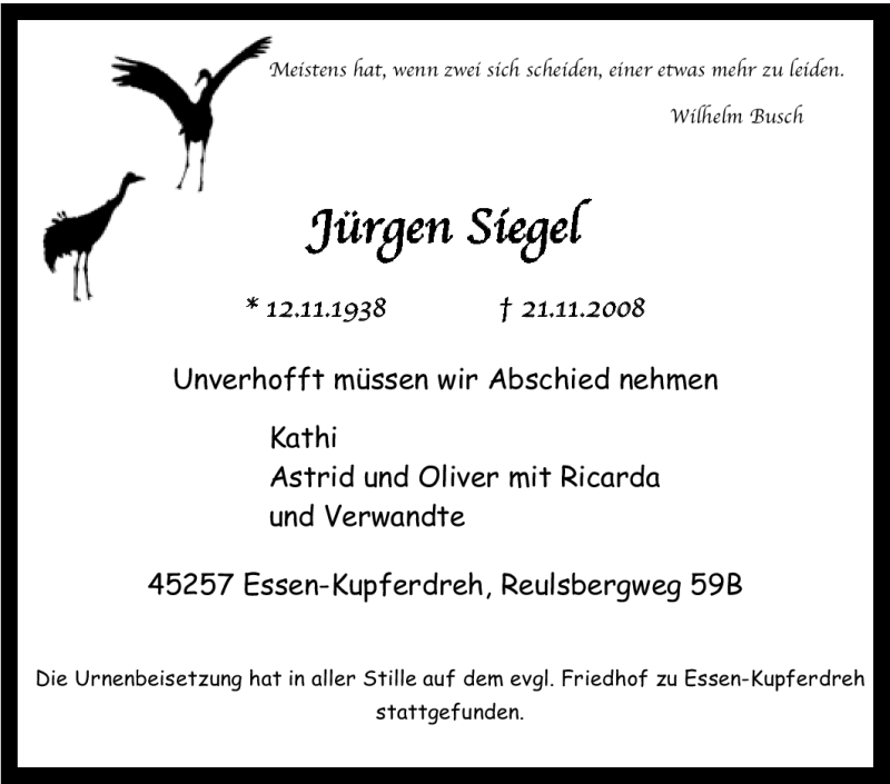  Traueranzeige für Jürgen Siegel vom 29.11.2008 aus Tageszeitung