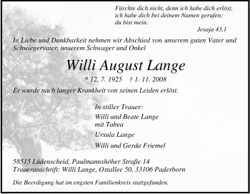 Traueranzeige von Willi August Lange von Tageszeitung