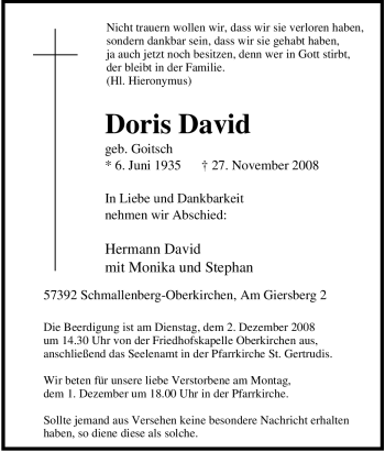 Traueranzeige von Doris David von Tageszeitung