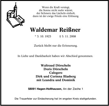 Traueranzeige von Waldemar Reißner von Tageszeitung