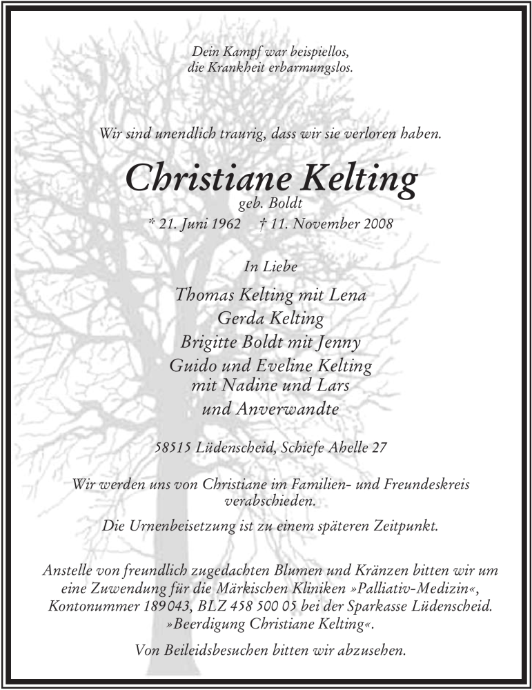  Traueranzeige für Christiane Kelting vom 13.11.2008 aus Tageszeitung