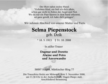 Traueranzeige von Selma Piepenstock von Tageszeitung