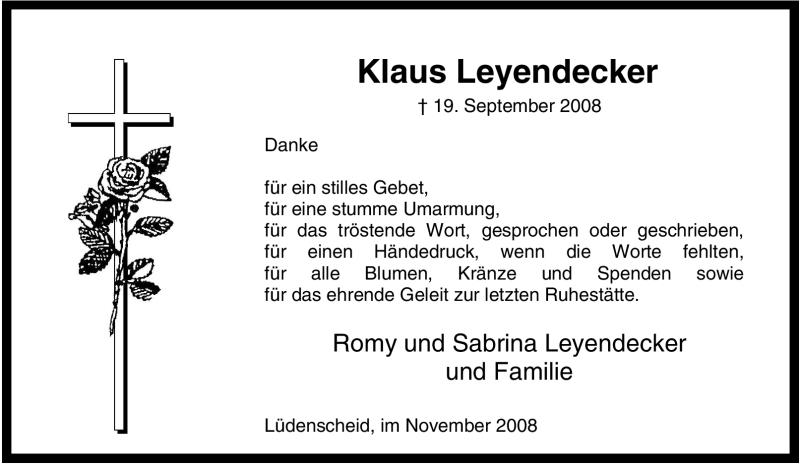  Traueranzeige für Klaus Leyendecker vom 15.11.2008 aus Tageszeitung