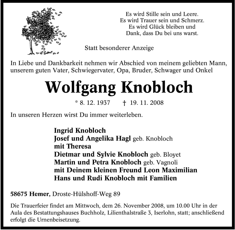  Traueranzeige für Wolfgang Knobloch vom 22.11.2008 aus Tageszeitung