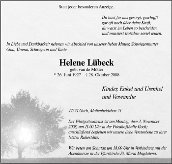 Traueranzeige von Helene Lübeck von Tageszeitung