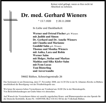 Traueranzeige von Gerhard Wieners von Tageszeitung