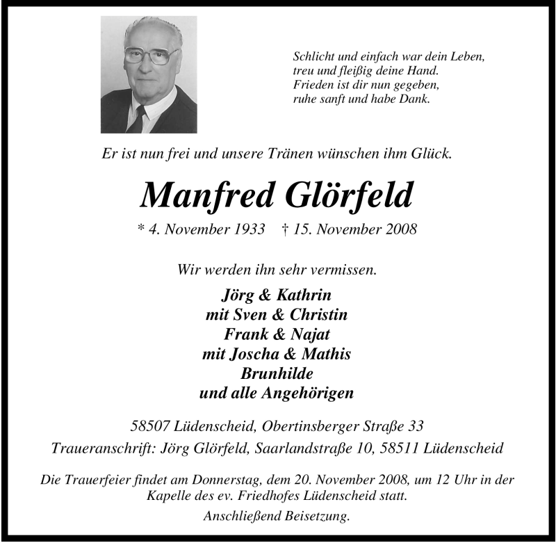  Traueranzeige für Manfred Glörfeld vom 18.11.2008 aus Tageszeitung