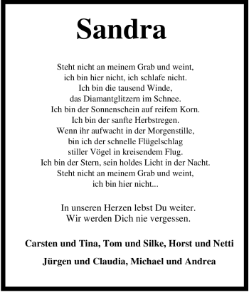 Traueranzeige von Sandra Unbekannt von Tageszeitung