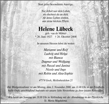 Traueranzeige von Helene Lübeck von Tageszeitung