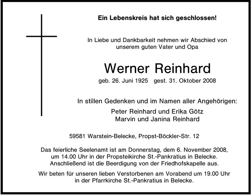  Traueranzeige für Werner Reinhard vom 04.11.2008 aus Tageszeitung