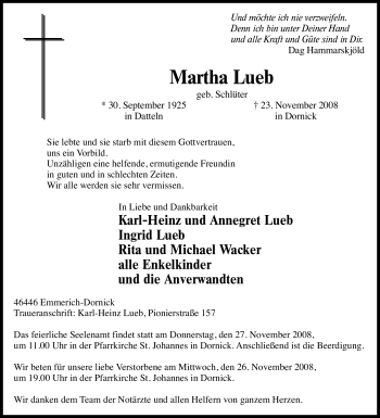 Traueranzeige von Martha Lueb von Tageszeitung