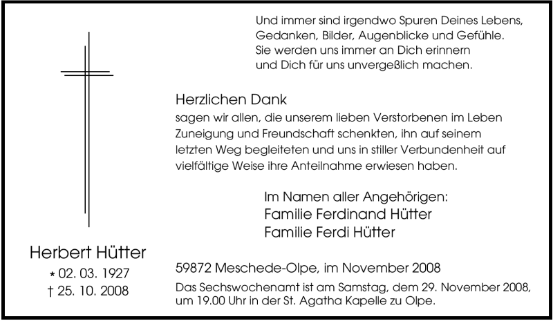  Traueranzeige für Herbert Hütter vom 22.11.2008 aus Tageszeitung